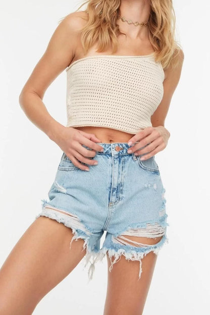 Fashion Denim Normal Waist Straight Leg Casual Blue High Waist Ripped Detailed Denim Shorts