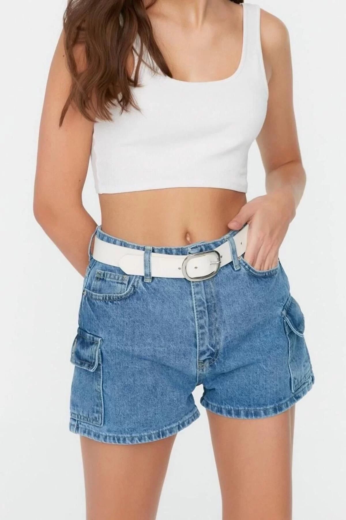 Fashion Denim High Waist Skinny Leg Casual Blue Cargo Pocket Detailed Denim Shorts