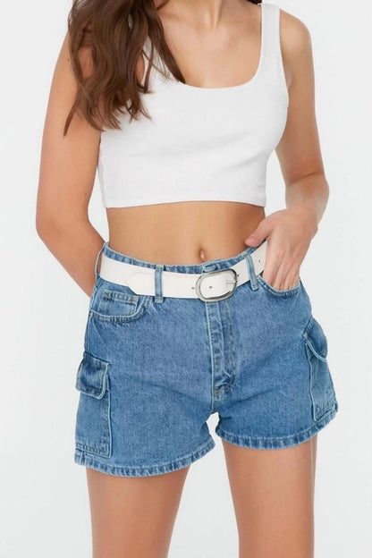 Fashion Denim High Waist Skinny Leg Casual Blue Cargo Pocket Detailed Denim Shorts