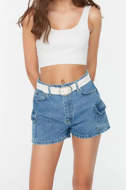 Fashion Denim High Waist Skinny Leg Casual Blue Cargo Pocket Detailed Denim Shorts