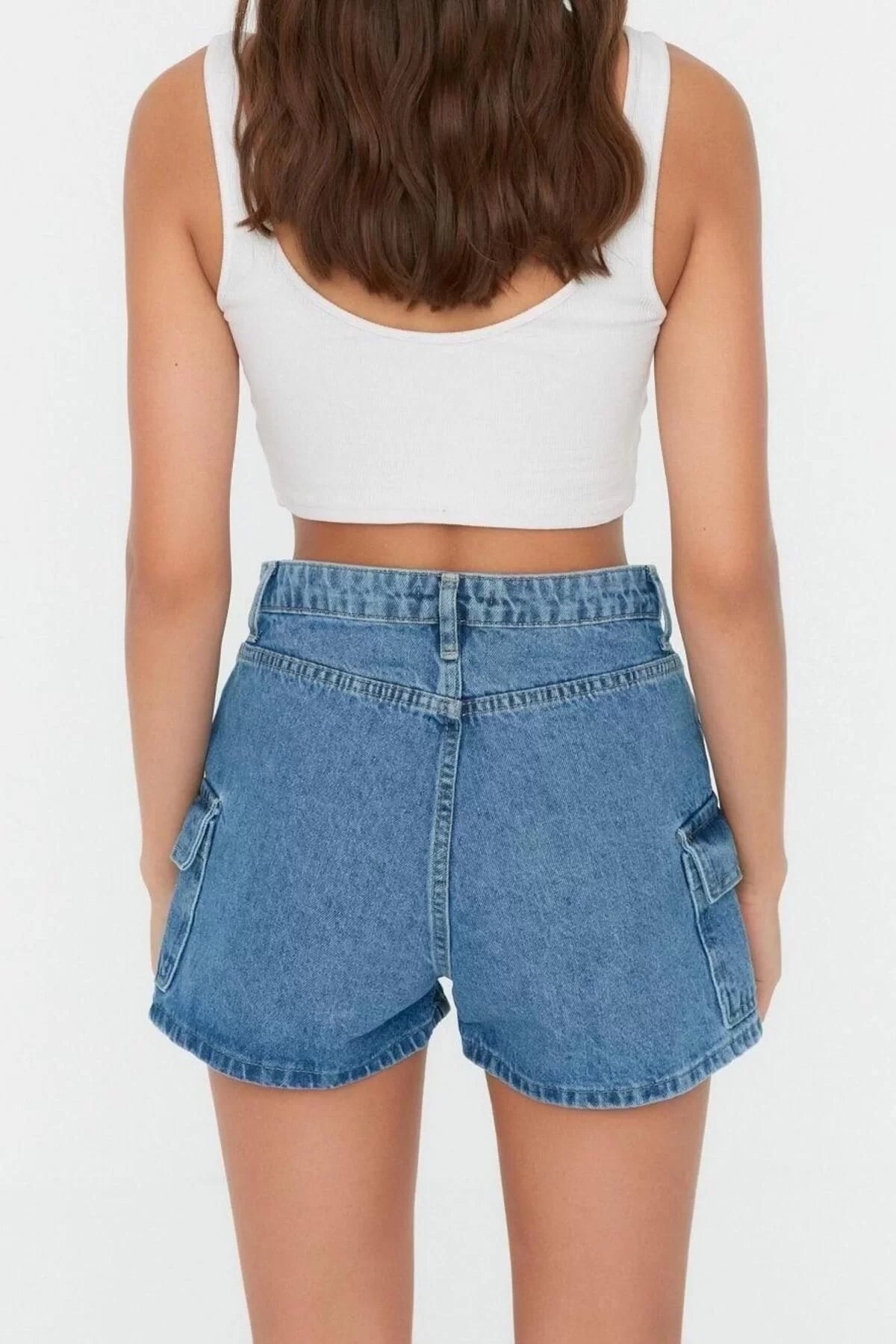 Fashion Denim High Waist Skinny Leg Casual Blue Cargo Pocket Detailed Denim Shorts