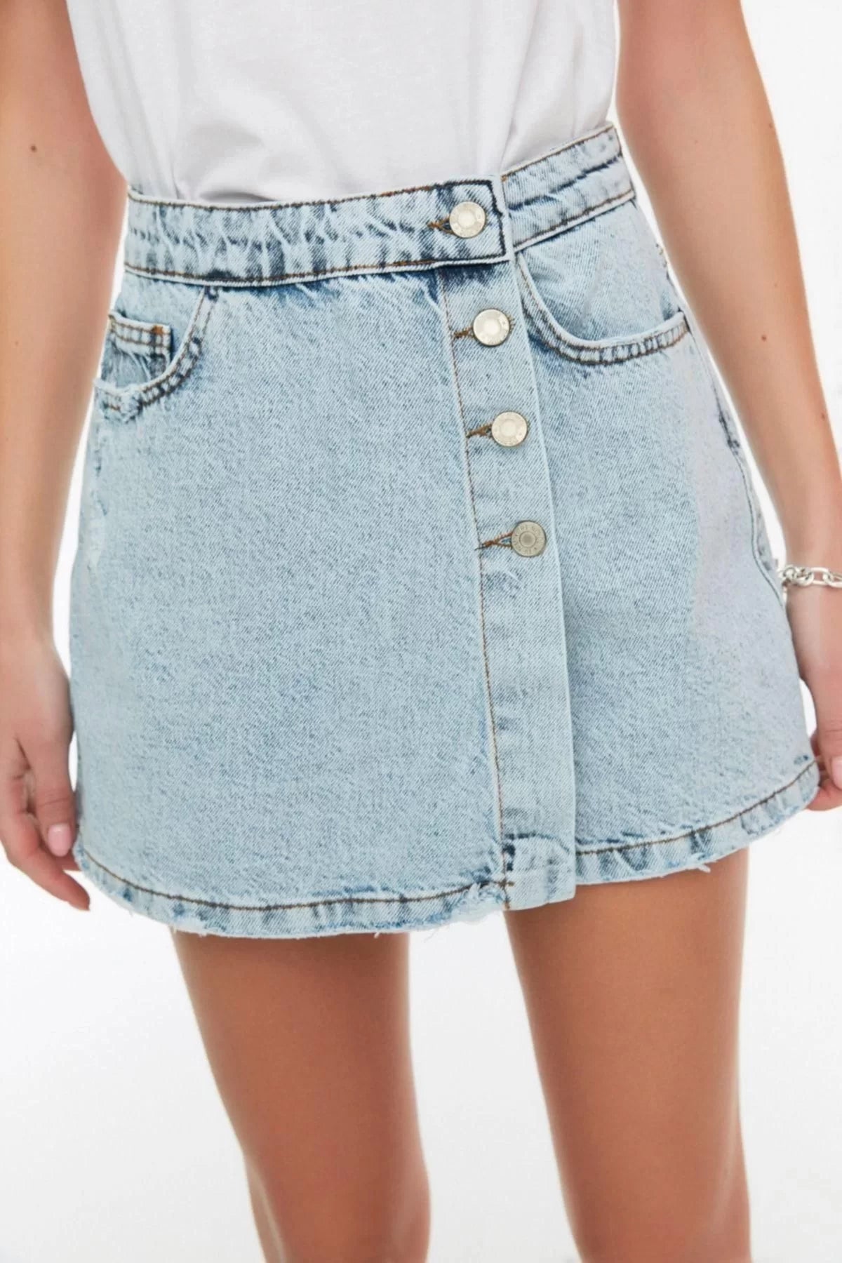 Fashion Denim Regular Waist Straight Leg Casual Gray Button Detail Shorts Skirt