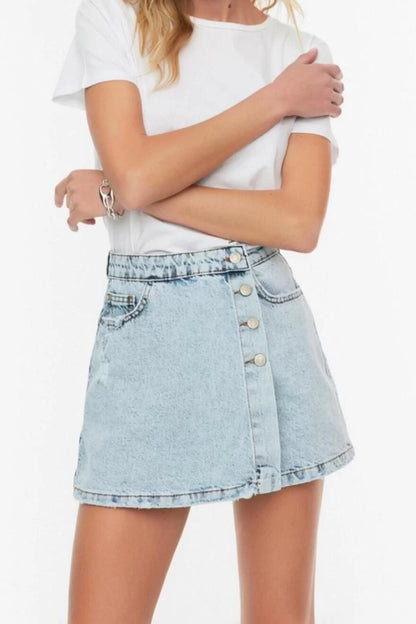 Fashion Denim Regular Waist Straight Leg Casual Gray Button Detail Shorts Skirt