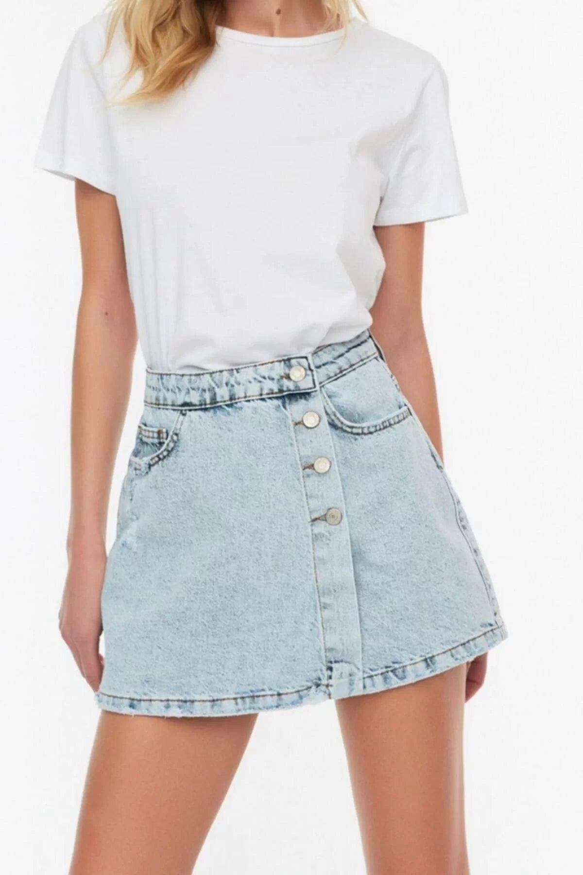 Fashion Denim Regular Waist Straight Leg Casual Gray Button Detail Shorts Skirt