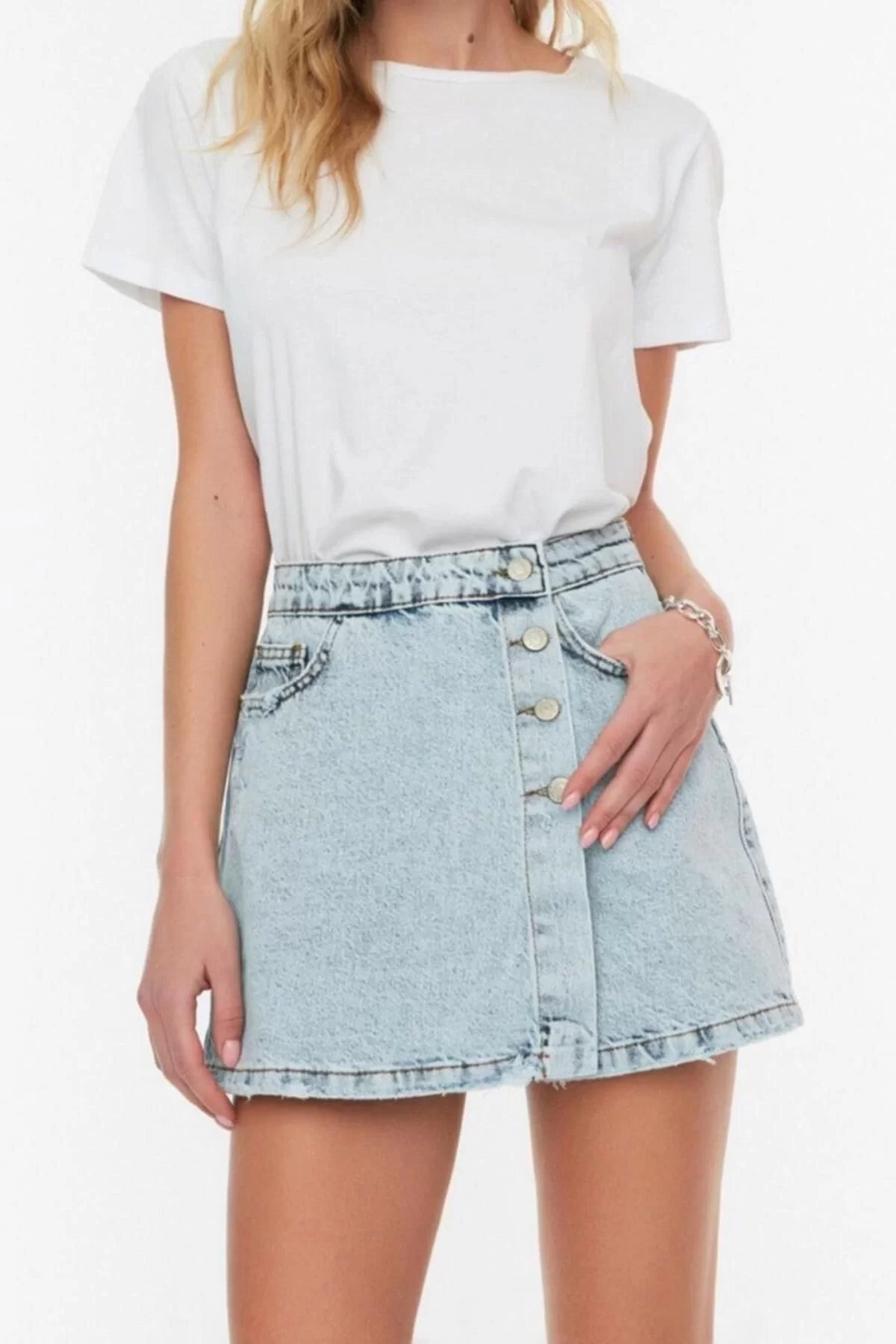 Fashion Denim Regular Waist Straight Leg Casual Gray Button Detail Shorts Skirt