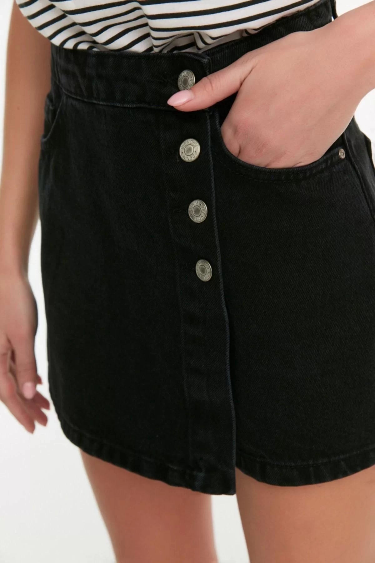 Fashion Denim Regular Waist Straight Leg Casual Gray Button Detail Shorts Skirt