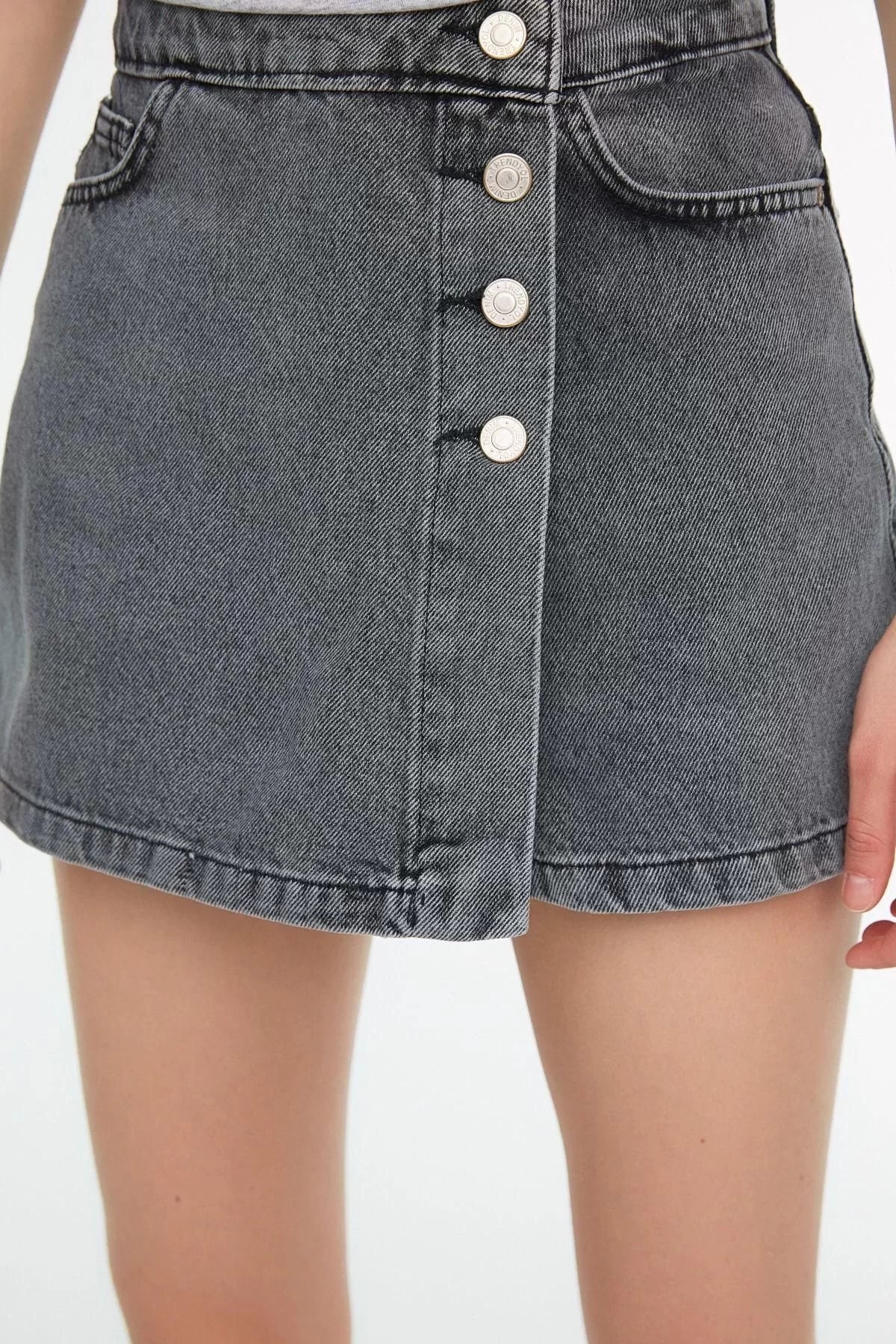 Fashion Denim Regular Waist Straight Leg Casual Gray Button Detail Shorts Skirt