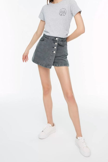 Fashion Denim Regular Waist Straight Leg Casual Gray Button Detail Shorts Skirt