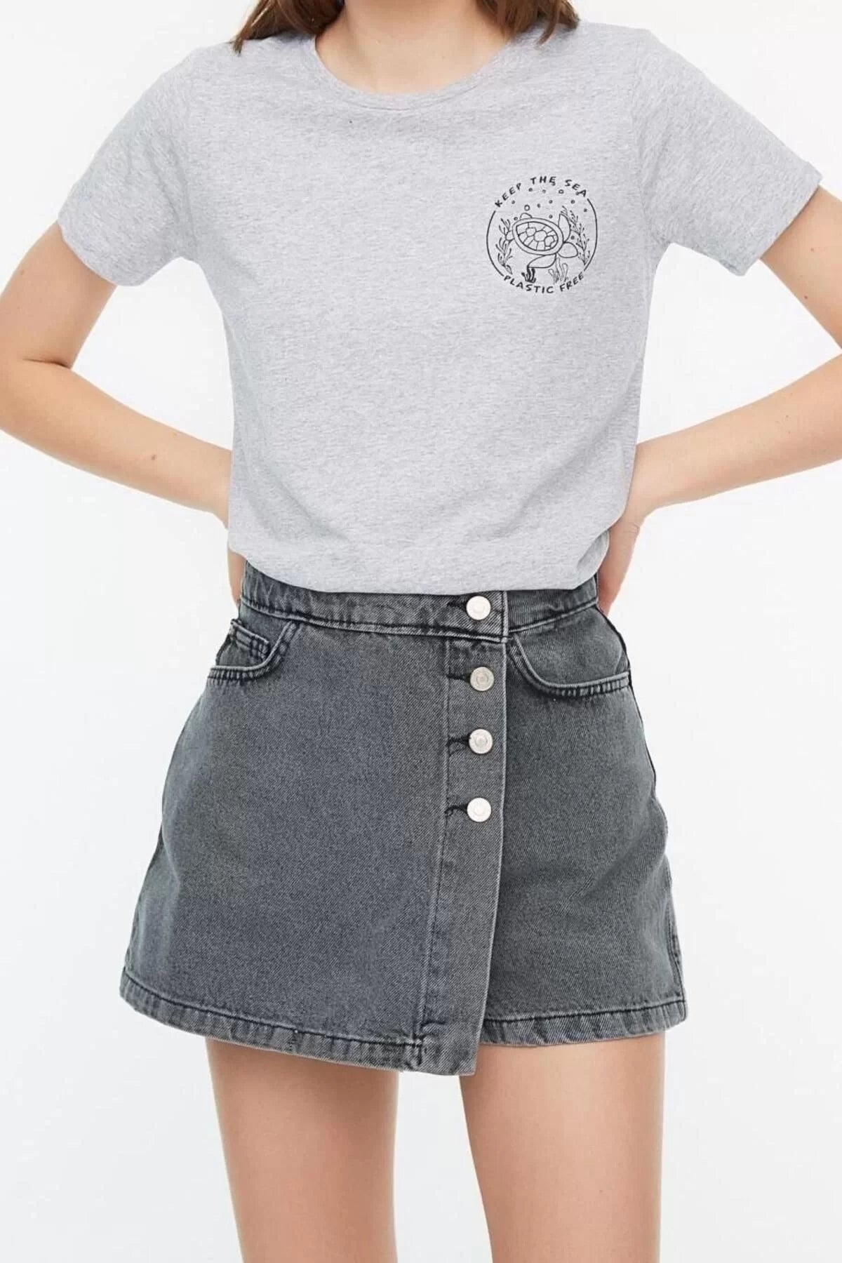 Fashion Denim Regular Waist Straight Leg Casual Gray Button Detail Shorts Skirt