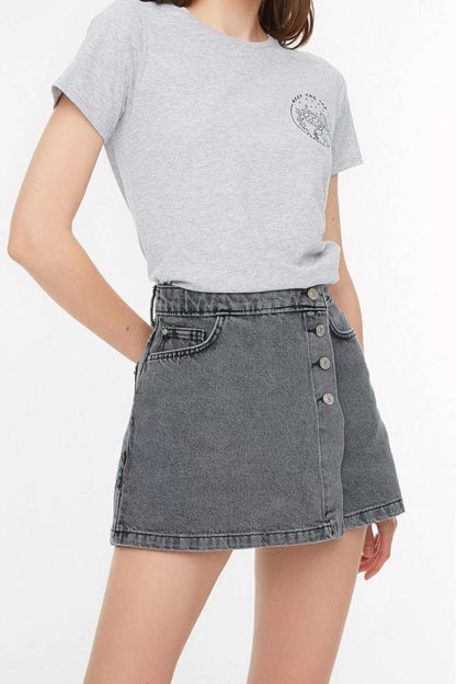 Fashion Denim Regular Waist Straight Leg Casual Gray Button Detail Shorts Skirt