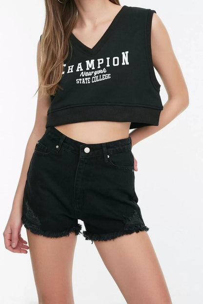 Fashion Denim Regular Waist Straight Leg Casual Black Ripped Mini Shorts