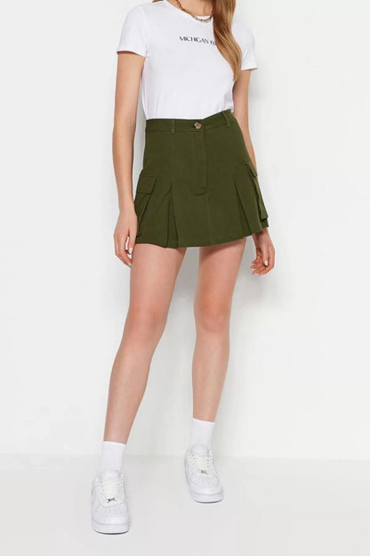 Fashion Woven High Waist Skinny Leg Casual Khaki Cargo Pocket Woven Shorts Skirt