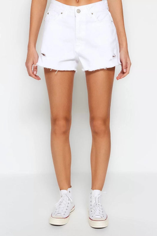 Fashion Denim High Waist Skinny Leg Casual White Ripped Detail Denim Shorts