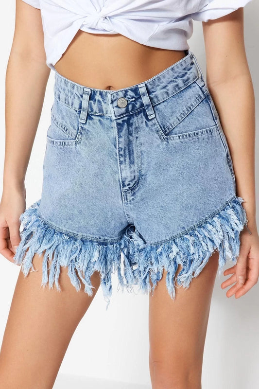 Fashion Denim High Waist Wide Leg Casual Light Blue Tassel Denim Shorts