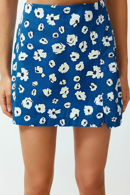 Fashion Woven High Waist Wide Leg Casual Blue Floral Patterned Woven Shorts Skirt