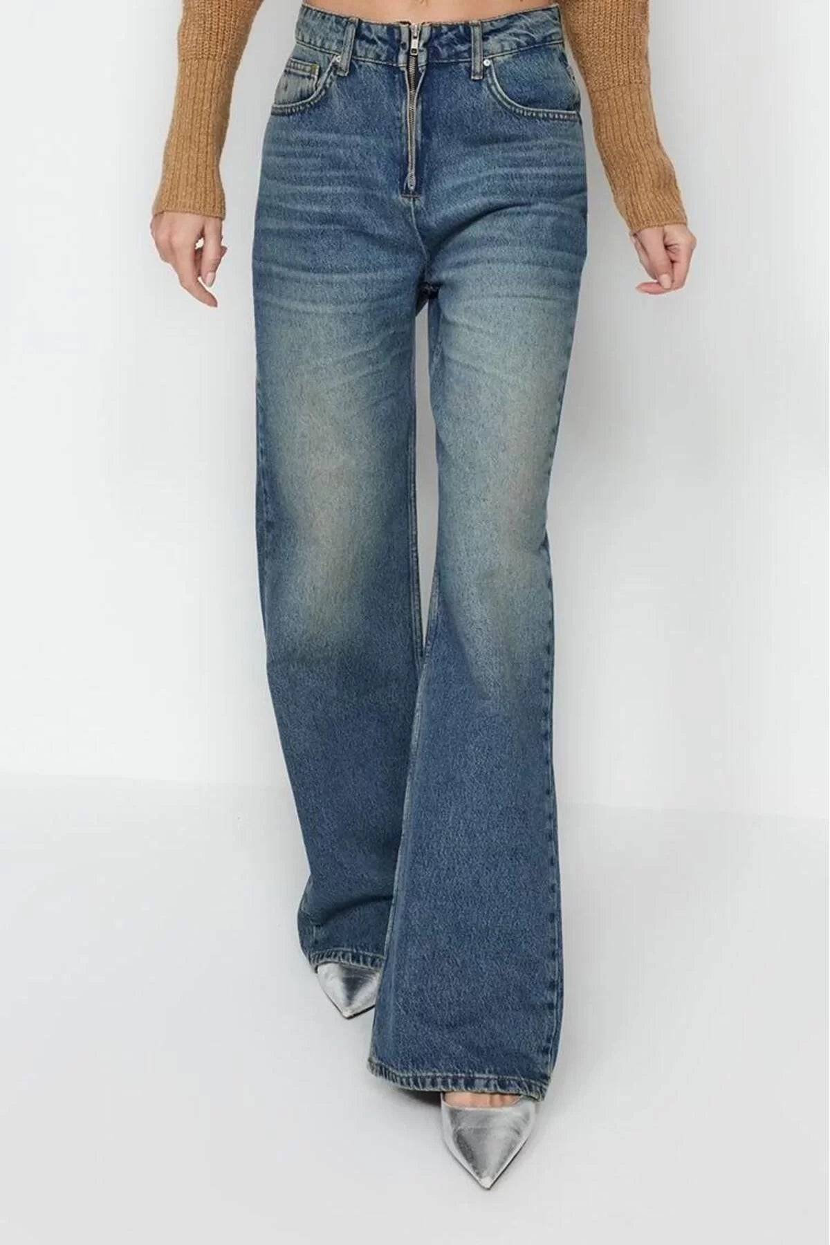 Women Fashion Stylish Jeans Pants Wide Leg Long Length Denim High Waist Jeans