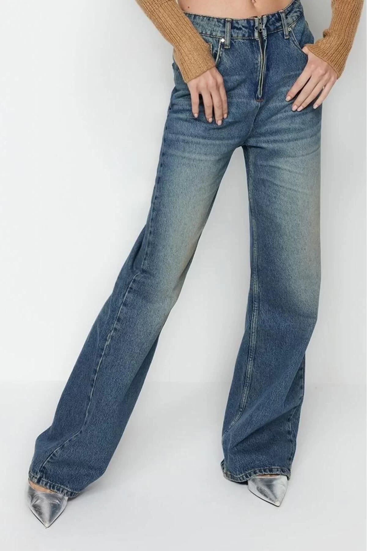 Women Fashion Stylish Jeans Pants Wide Leg Long Length Denim High Waist Jeans