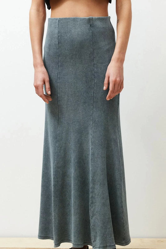 Fashion Regular Plain Pattern Daily Maxi Length Faded Effect Stitch Detailed Maxi Flexible Skirt