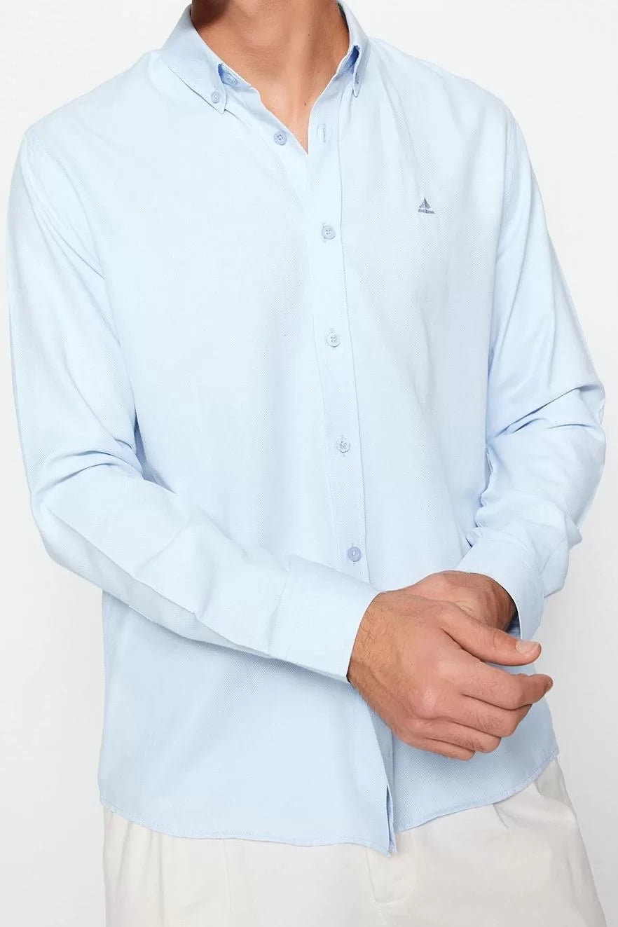 Fashion Men's Button-down Collar Plain Pattern Casual Regular Fit Embroidered Detailed Smart Shirt