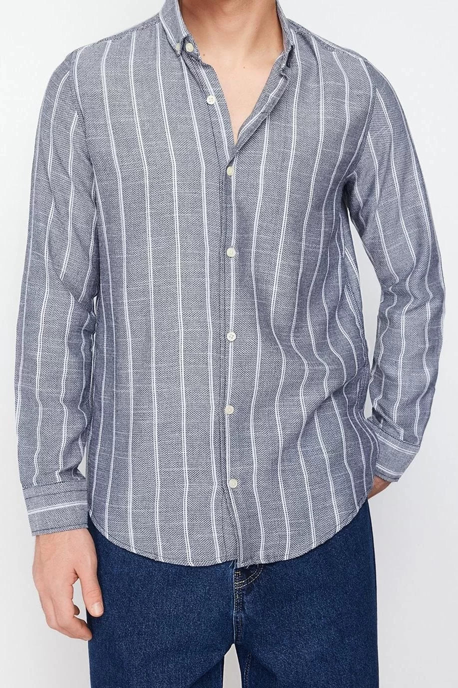 Fashion Men's Button Down Collar Striped Pattern Formal Striped Shirt