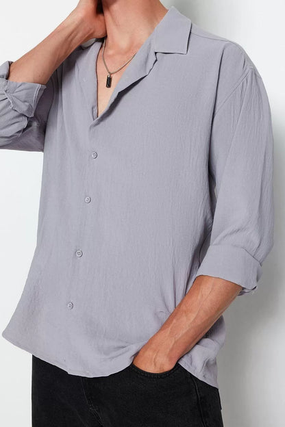 Fashion Men's Open Collar Plain Pattern Stylish Night Oversize Fit Open Collar Summer Linen Look Shirt