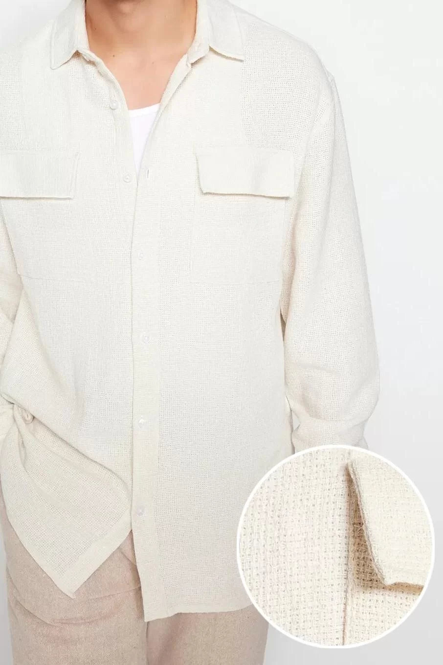 Fashion Men's Shirt Collar Textured Pattern Casual Oversize Fit Linen Textured Shirt