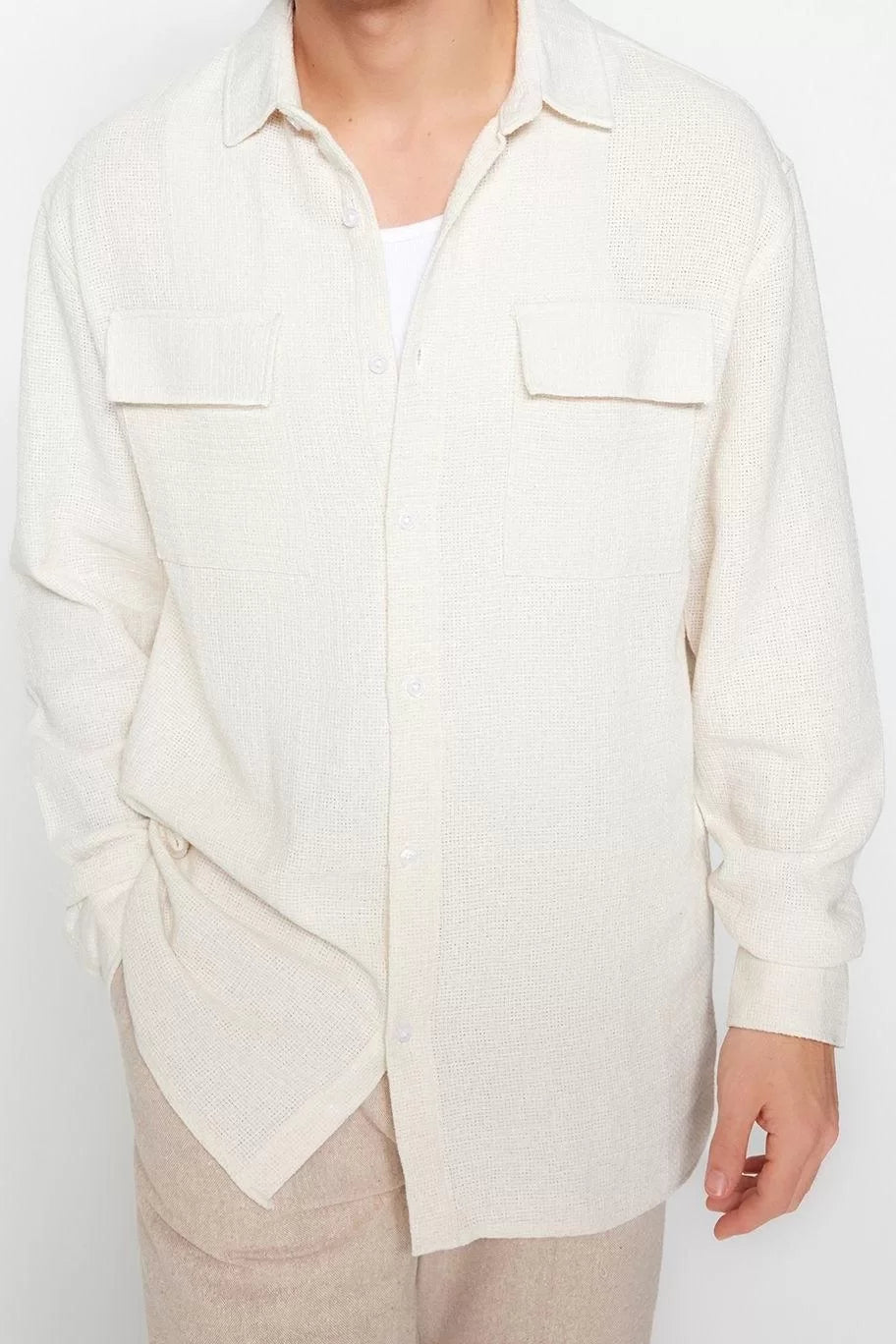 Fashion Men's Shirt Collar Textured Pattern Casual Oversize Fit Linen Textured Shirt