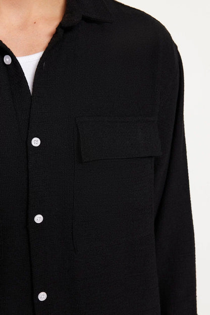 Fashion Men's Shirt Collar Textured Pattern Casual Oversize Fit Linen Textured Shirt