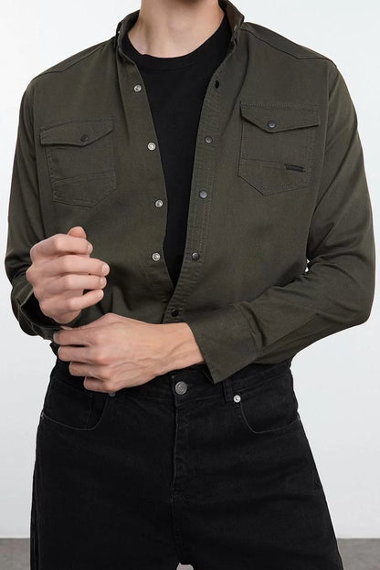 Fashion Men's Shirt Collar Plain Pattern Casual Regular Snap Shirt