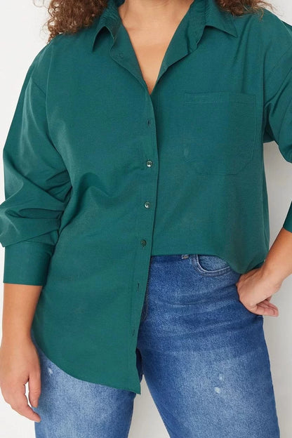 Fashion Women Plus Size Shirt Collar Plain Pattern Casual Boyfriend Woven Shirt