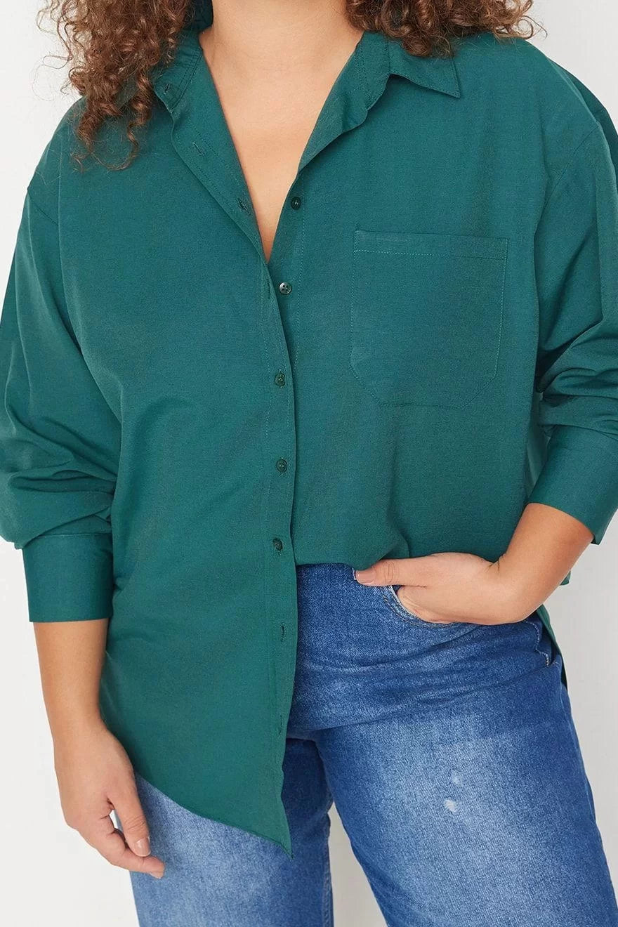 Fashion Women Plus Size Shirt Collar Plain Pattern Casual Boyfriend Woven Shirt