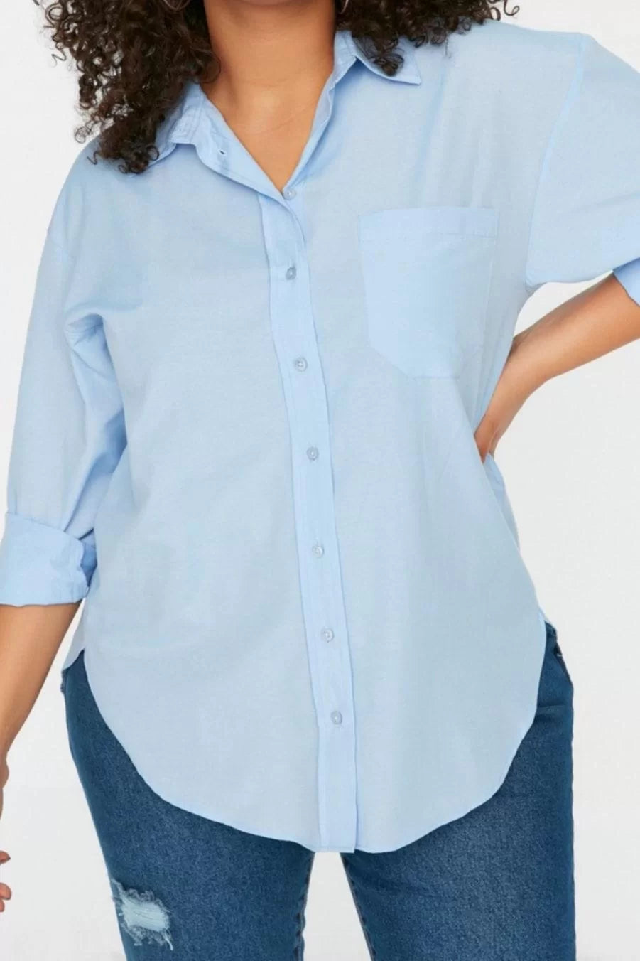 Fashion Women Plus Size Shirt Collar Plain Pattern Casual Boyfriend Woven Shirt