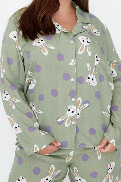 Stylish Comfortable Plus Size Long Sleeve Tube Top Rabbit Printed Woven Pajama Set