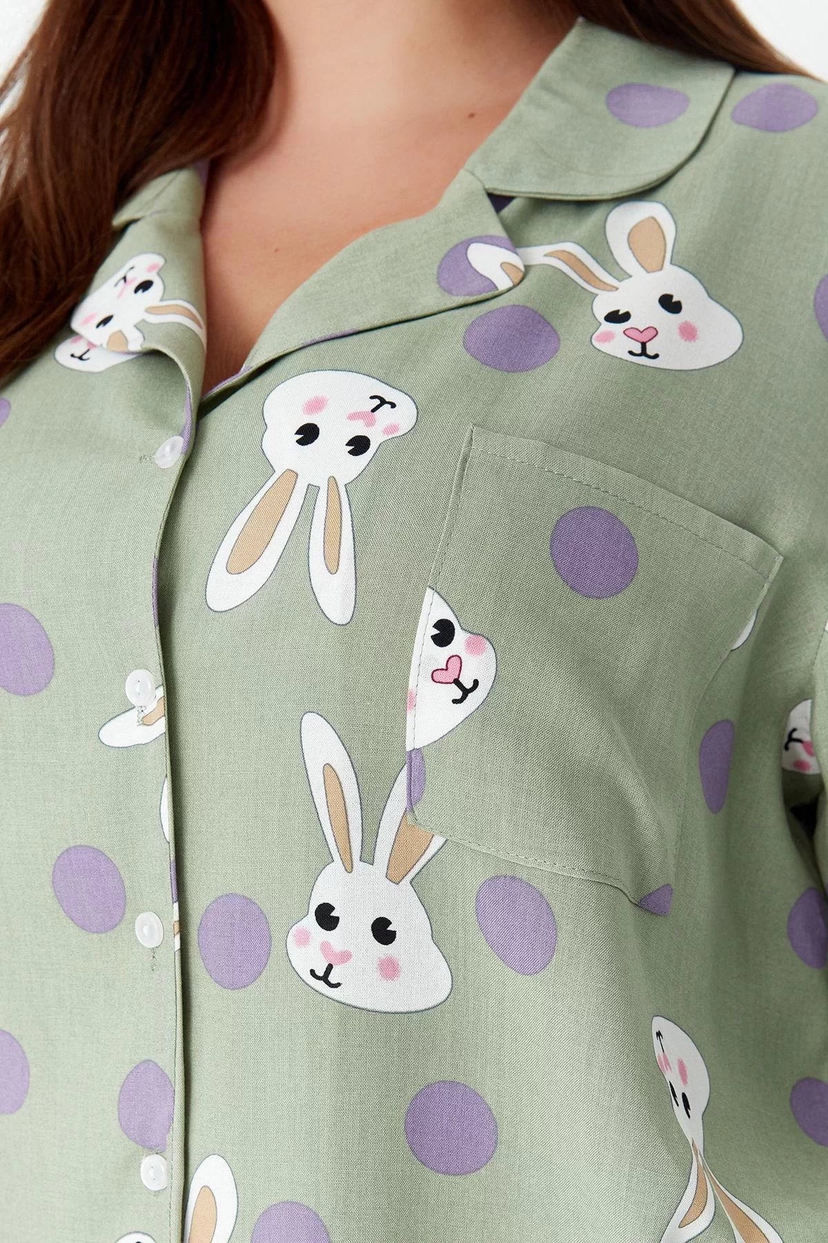 Stylish Comfortable Plus Size Long Sleeve Tube Top Rabbit Printed Woven Pajama Set