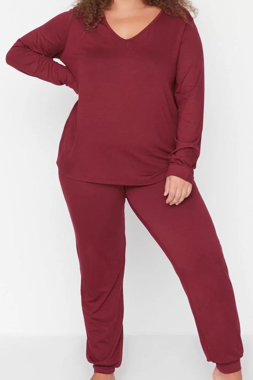 Stylish Comfortable Plus Size Long Sleeve Wide Leg Jersey Knitted Pajama Set