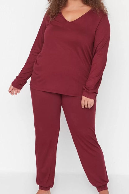 Stylish Comfortable Plus Size Long Sleeve Wide Leg Jersey Knitted Pajama Set