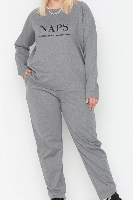 Stylish Comfortable Plus Size Long Sleeve Elastic Leg Printed Cotton Knitted Pajama Set