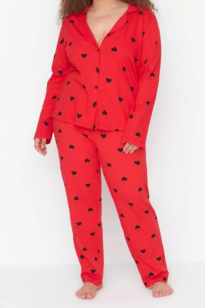 Stylish Comfortable Plus Size Long Sleeve Wide Leg Heart Knitted Pajama Set