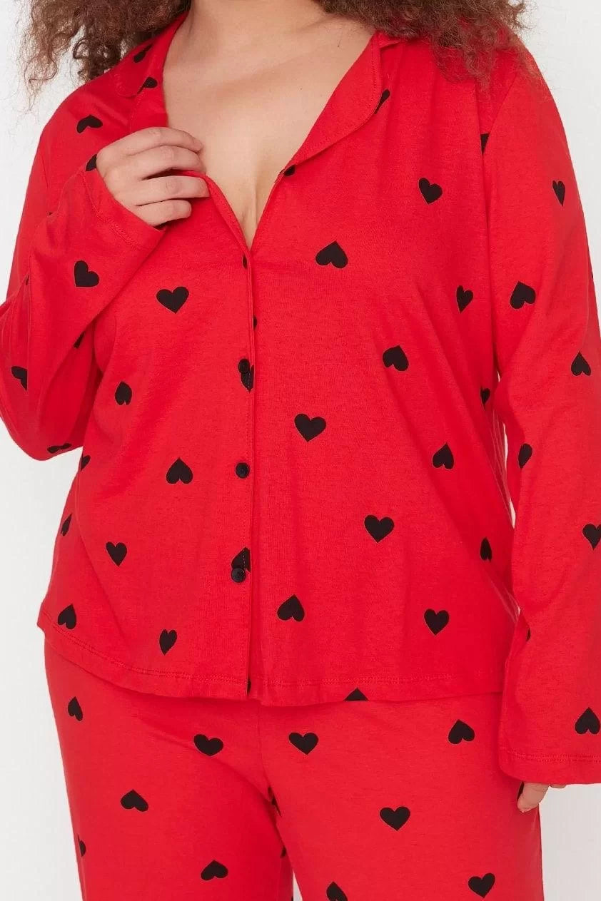 Stylish Comfortable Plus Size Long Sleeve Wide Leg Heart Knitted Pajama Set