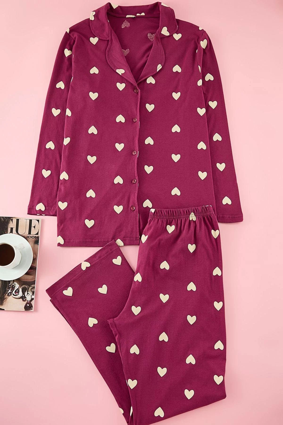 Stylish Comfortable Plus Size Long Sleeve Wide Leg Heart Knitted Pajama Set