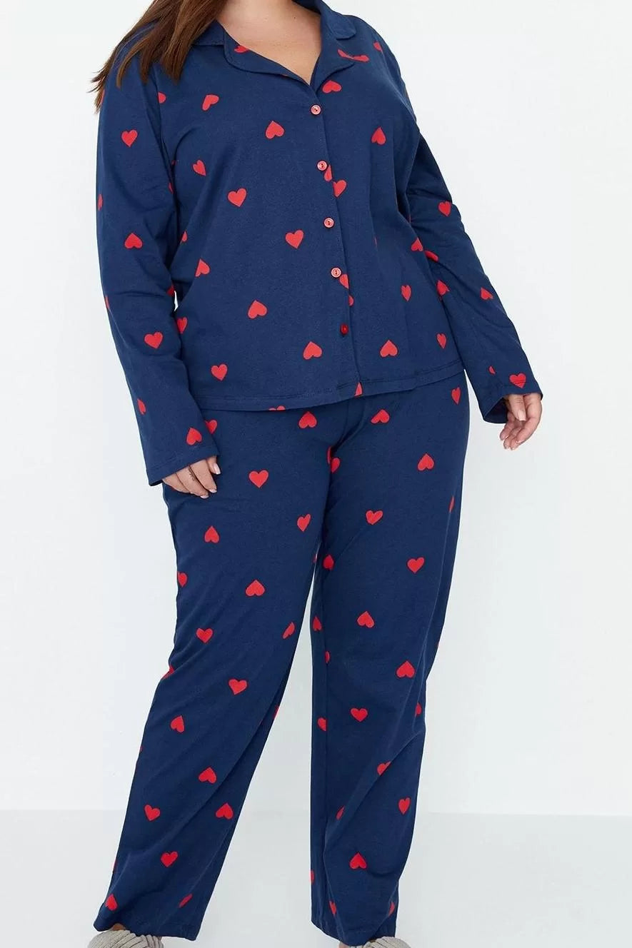 Stylish Comfortable Plus Size Long Sleeve Wide Leg Heart Knitted Pajama Set