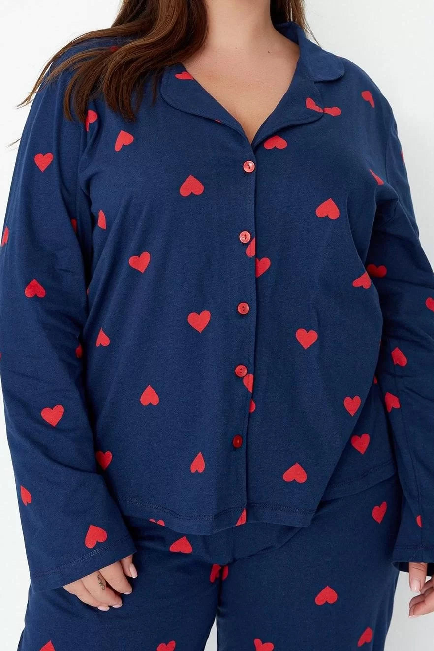 Stylish Comfortable Plus Size Long Sleeve Wide Leg Heart Knitted Pajama Set