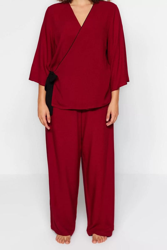 Stylish Comfortable Plus Size Long Sleeve Wide Leg Collar Tied Woven Pajama Set