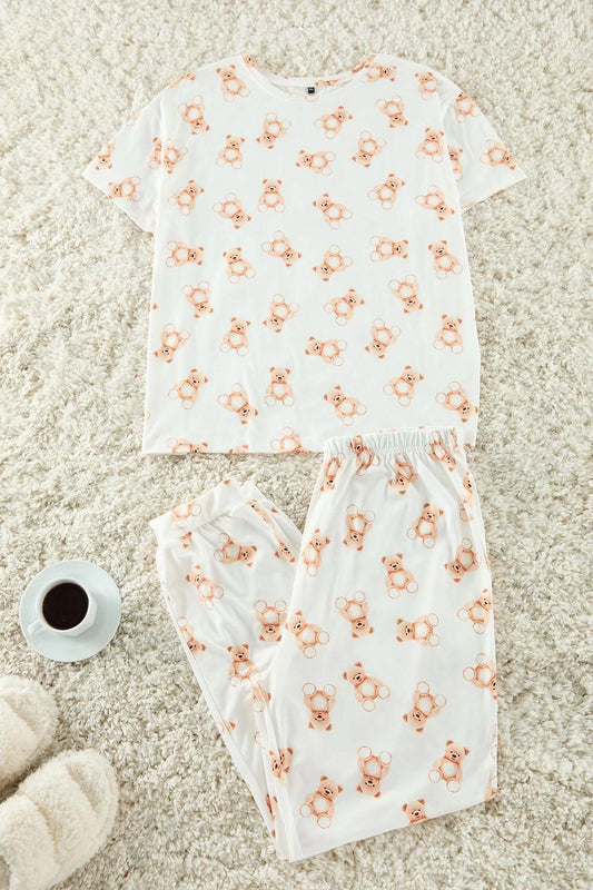 Stylish Comfortable Plus Size Short Sleeve Skinny Leg Teddy Bear Patterned Jogger Fit Knitted Pajama Set