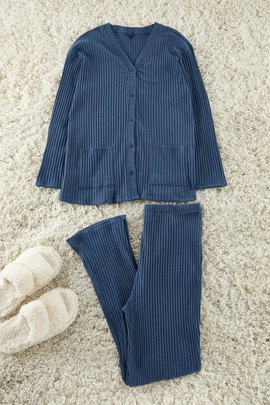 Stylish Comfortable Plus Size Long Sleeve Tube Leg Buttoned Knitted Pajama Set