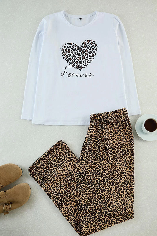 Stylish Comfortable Plus Size Long Sleeve Tube Top Leopard Patterned Knitted Pajama Set