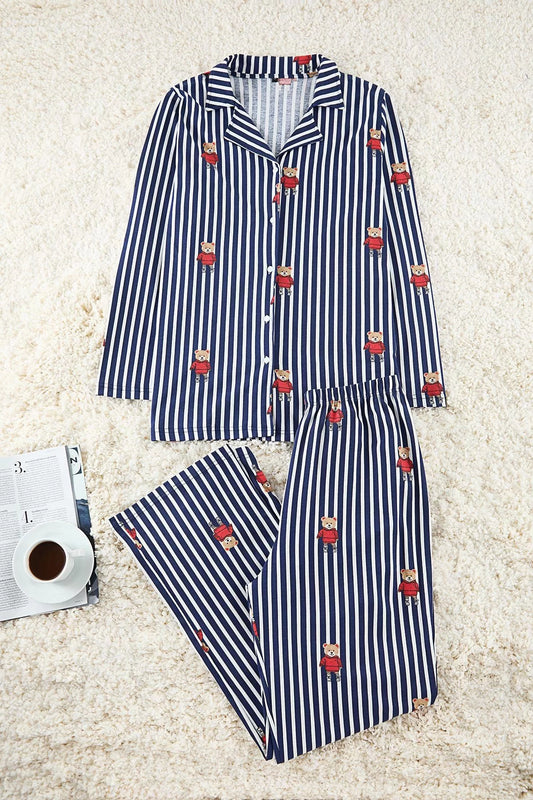 Stylish Comfortable Plus Size Long Sleeve Tube Leg Striped Teddy Bear Patterned Knitted Pajama Set