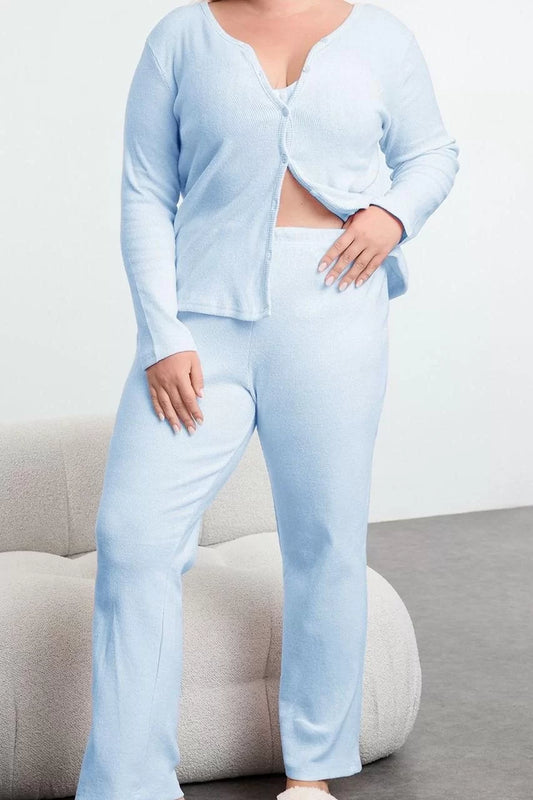 Stylish Comfortable Plus Size Long Sleeve Tube Hem Brushed Soft Ribbed Cardigan Knitted Pajama Set