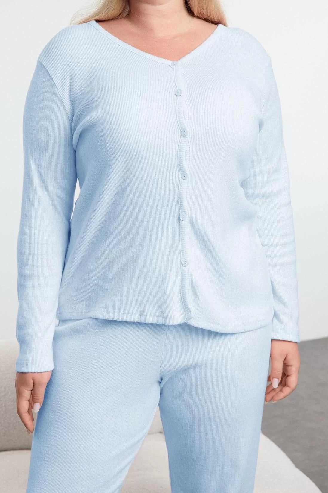 Stylish Comfortable Plus Size Long Sleeve Tube Hem Brushed Soft Ribbed Cardigan Knitted Pajama Set