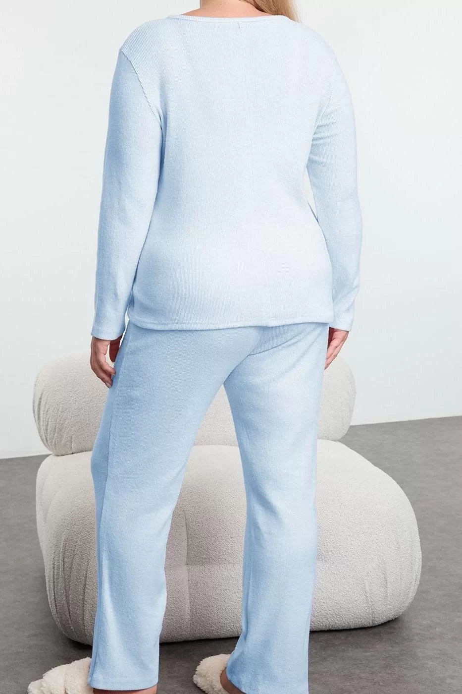 Stylish Comfortable Plus Size Long Sleeve Tube Hem Brushed Soft Ribbed Cardigan Knitted Pajama Set